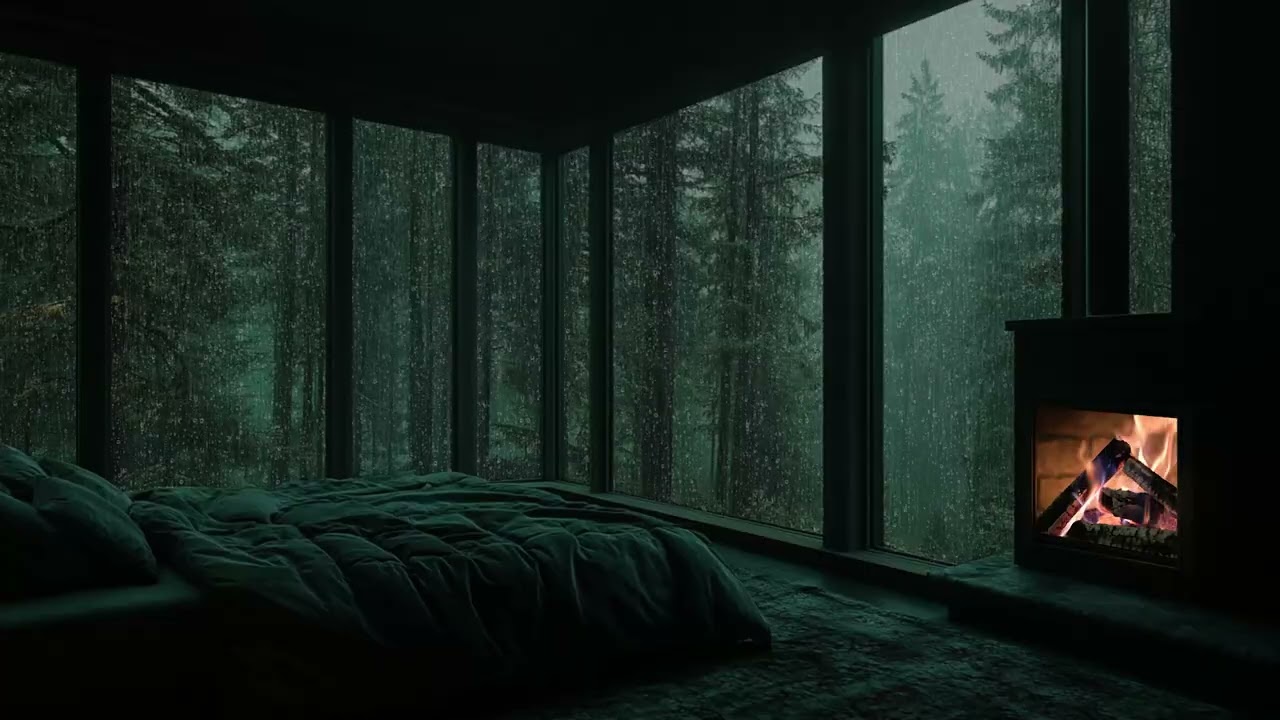 Rain Falling Across Dark Pine Forest View | Cozy Cabin Fireplace | Calm Night for Relaxation