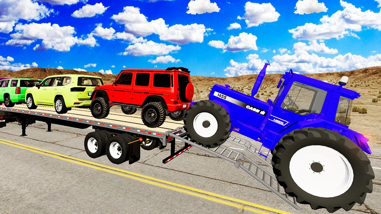 TRANSPORTING PIXAR CARS & FRUITS WITH COLORED & JOHN DEERE vs CLAAS vs TRACTORS - BeamNG.drive #983