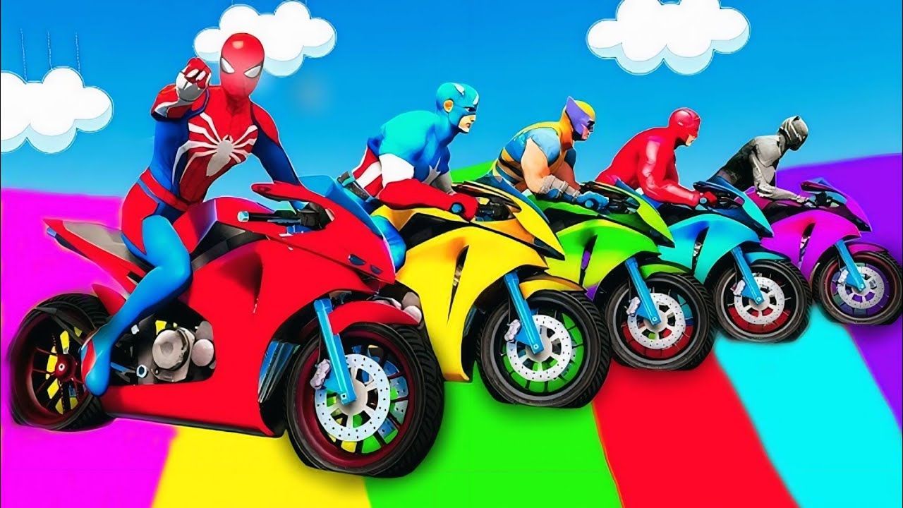 سبايدر مان اصعب دراجة نارية فوق اسماك القرش - Superheroes Ride on Motorcycle Stunt Funny Moments?!