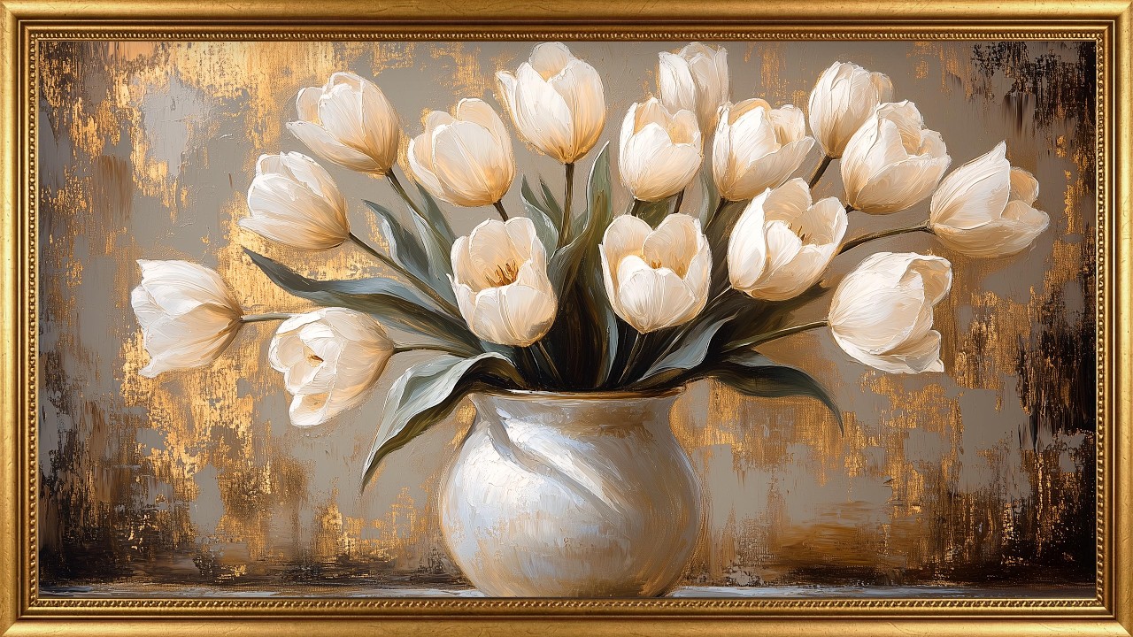 Vintage White Tulips Oil Painting 🌷 Spring Ambience | Gold Frame TV Art Screensaver with Music