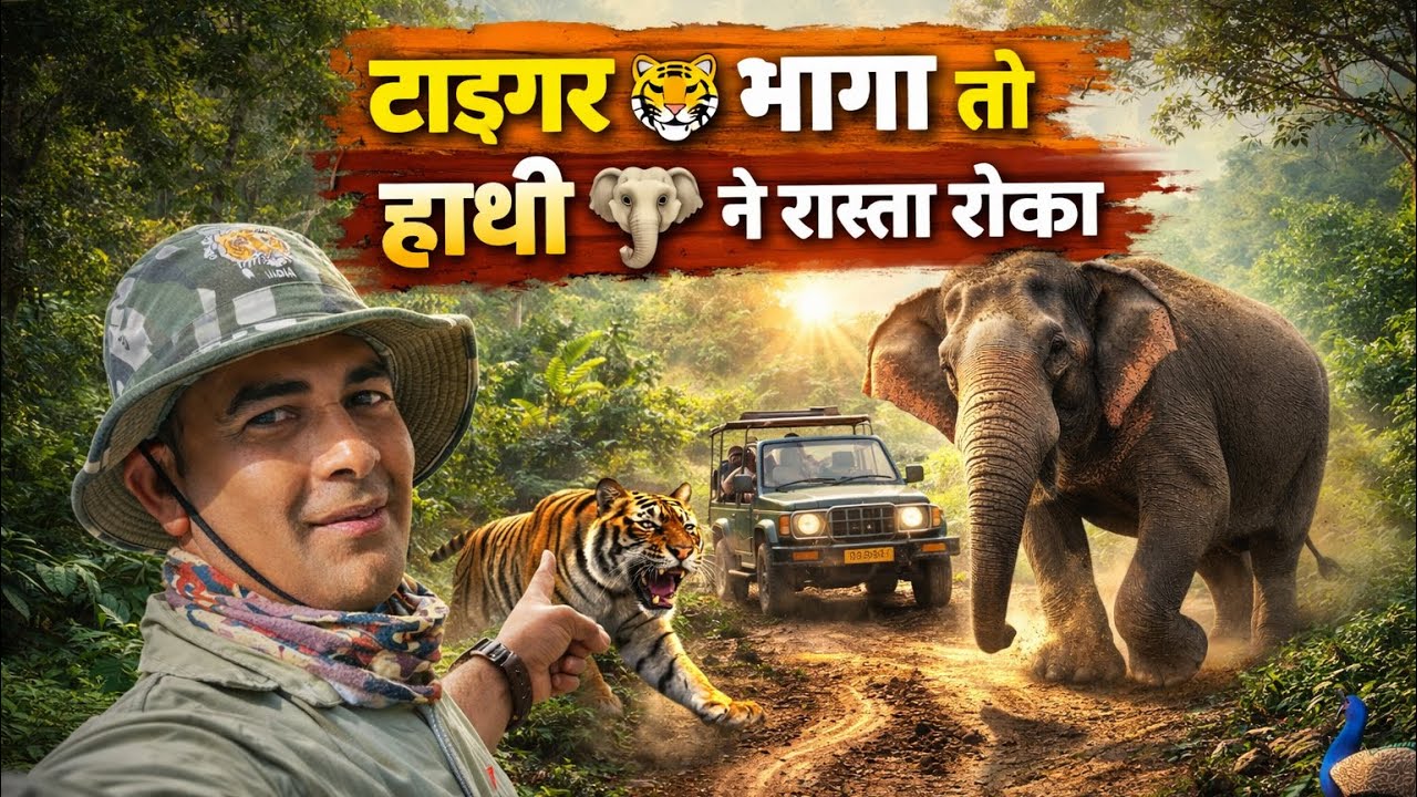 टाइगर 🐅 भागा तो हाथी 🐘 ने रास्ता रोका #gopal #jimcorbett #elephant #tiger #monkey
