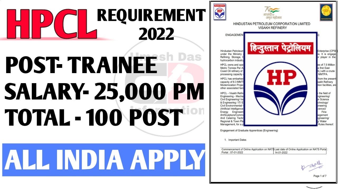 HINDUSTAN PETROLEUM CORPORATION LIMITED (HPCL)/REQUIRMENT 2022/FRESHERS APPLY.