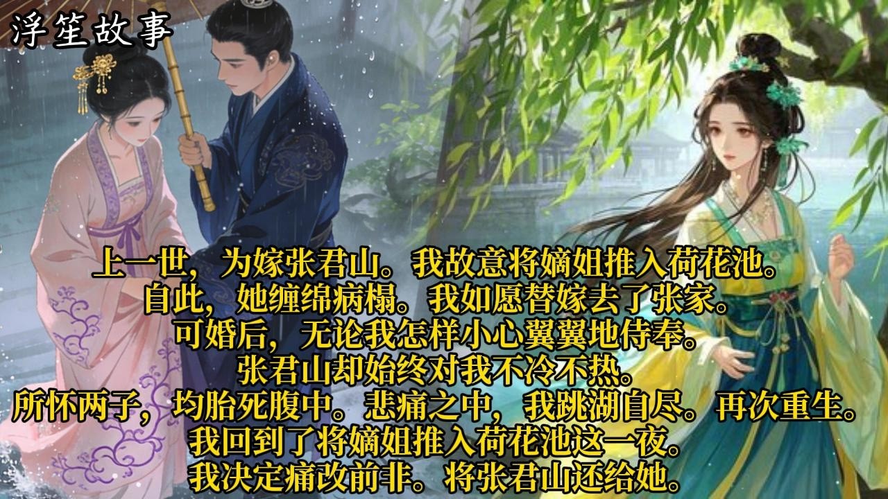 上一世，为嫁张君山。我故意将嫡姐推入荷花池。自此，她缠绵病榻。我如愿替嫁去了张家。#重生 #大女主 #复仇 #宫廷 #夺权 #古风 #小说