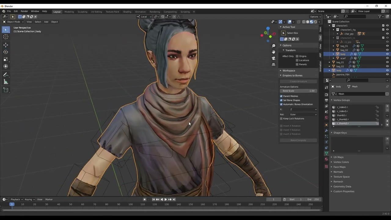 Jasmine rigging and skinning by James Giles (time-lapse) for Broken Roads