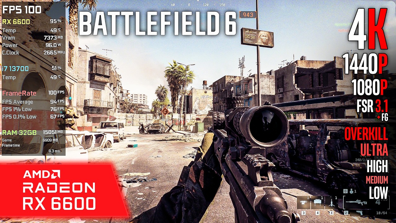 RX 6600 | Battlefield 6 - 4K, 1440p, 1080p, FSR 3.1 + FG - Overkill, Ultra, High, Medium, Low