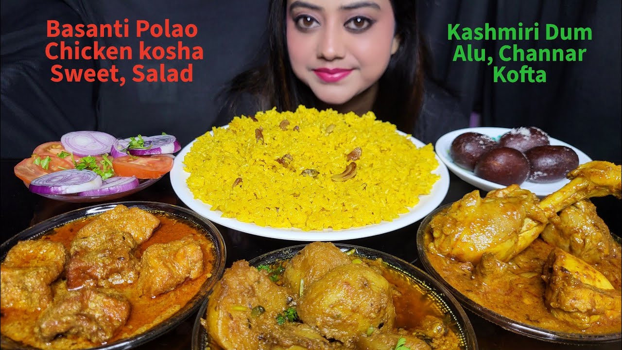 ASMR EATING Basanti Polao, Chicken kosa, Dum alu, Channar kofta, Sweets, Salad | Mukbang | Big Bites
