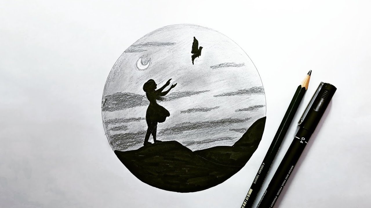 تعليم الرسم رسم منظر طبيعي ليلي في دائرة بالرصاص سهل جدا للمبتدئين خطوة بخطوة رسوم تعبيرية بالرصاص
