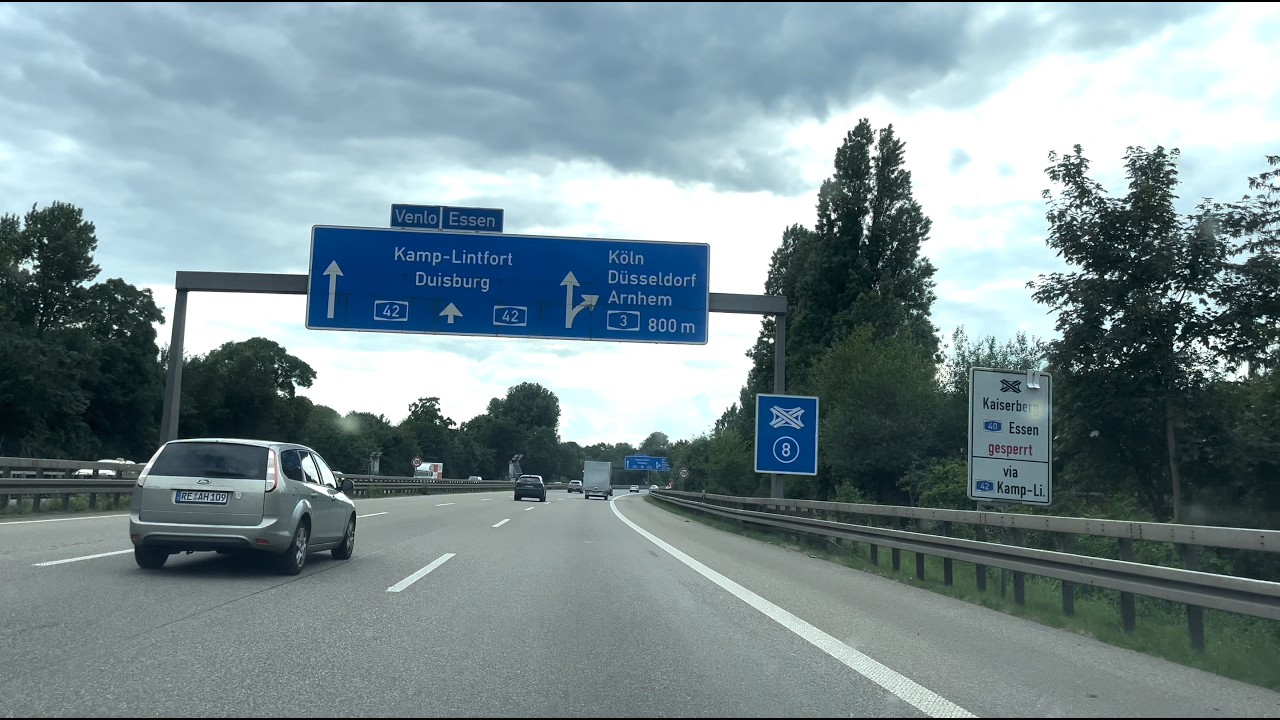 4K Relaxed Driving on the Autobahn A42 in Germany from Oberhausen to Duisburg; Just before Rainfall