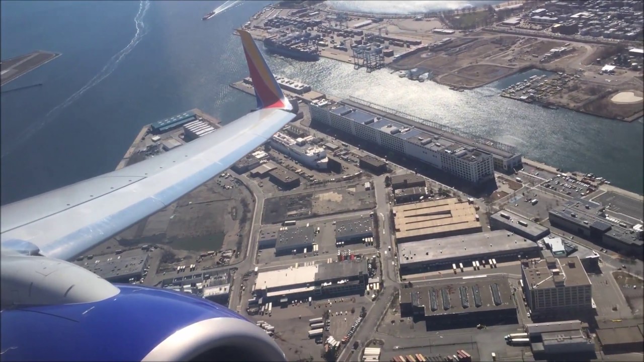 Southwest Takeoff from Boston with Awesome views of South Boston and Hospital Ship in Drydock
