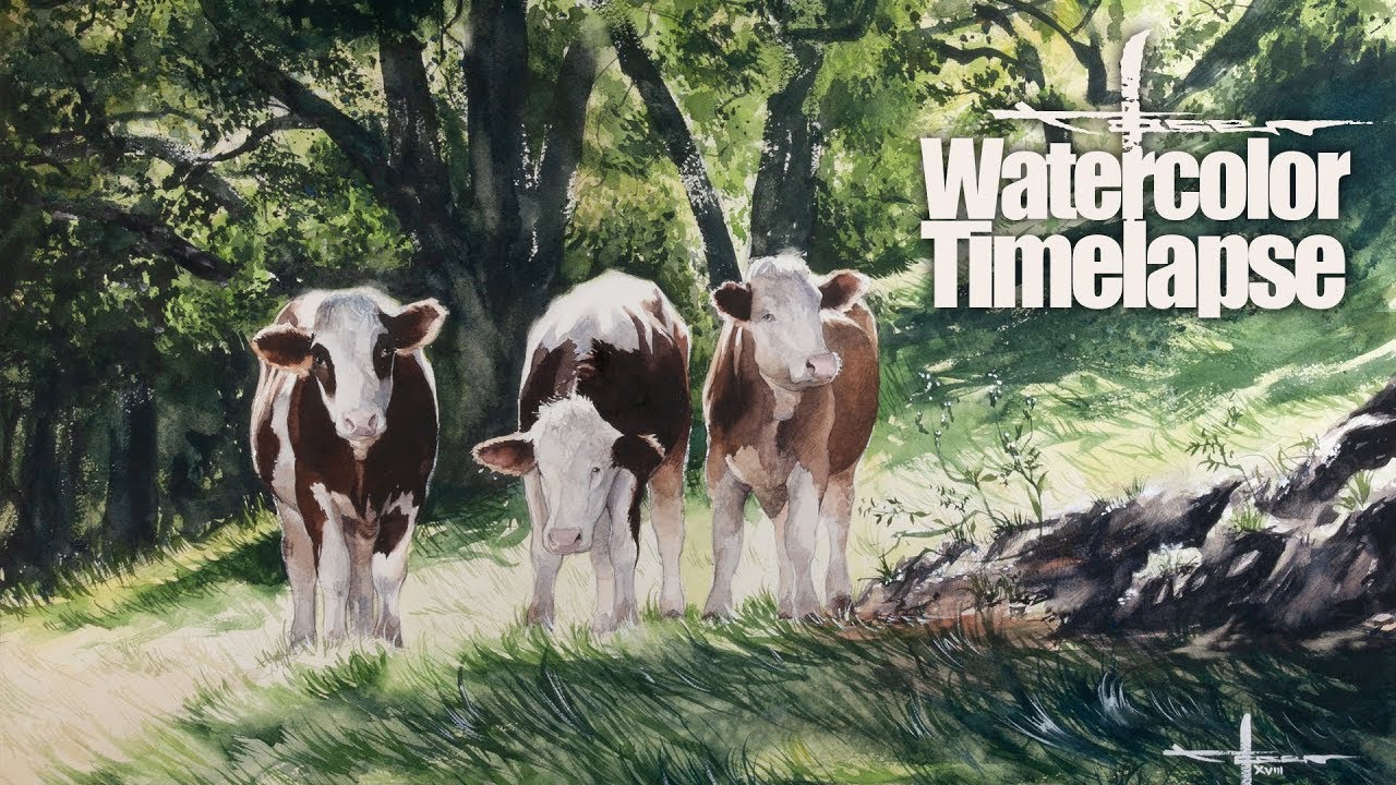 Watercolor [Speed painting - Timelapse]  Landscape - Bavarian Cows