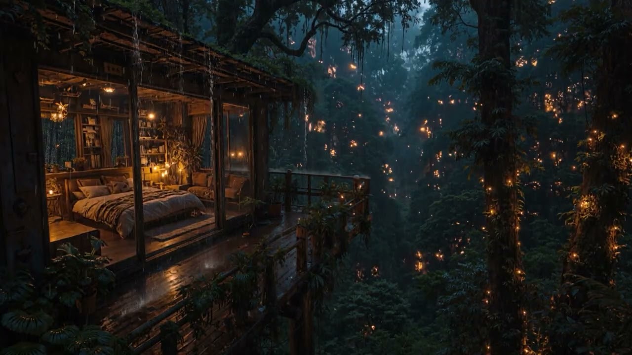 Gentle Night Rain at a Forest Cabin | 8 Hours Warm Sleep Ambience (4K – No Ads)