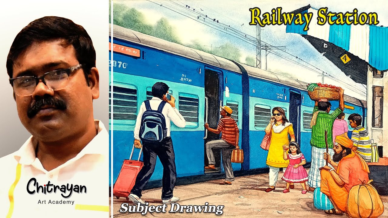 How To Draw Railway Station Drawing | Railway Station Drawing Watercolor | Railway Station Drawing