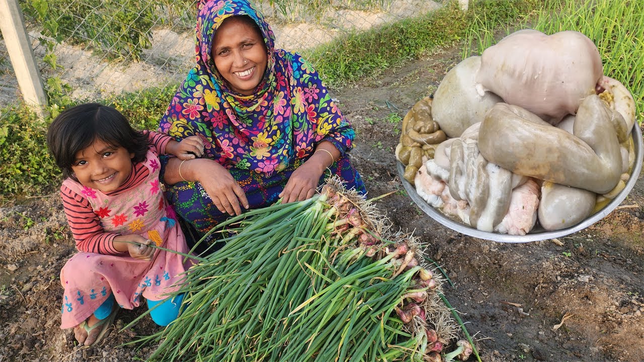 Cow Intestine Cooking in Our Village Style FARM FRESH Onion Harvesting with Gorur Vuri Recipes