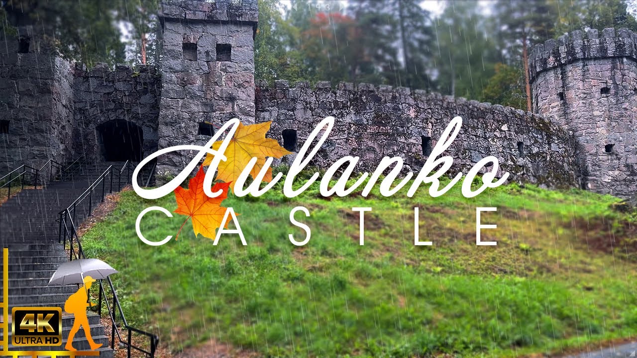 Autumn Binaural Rain Walk in Ancient Castle and Lake, Finland 4K