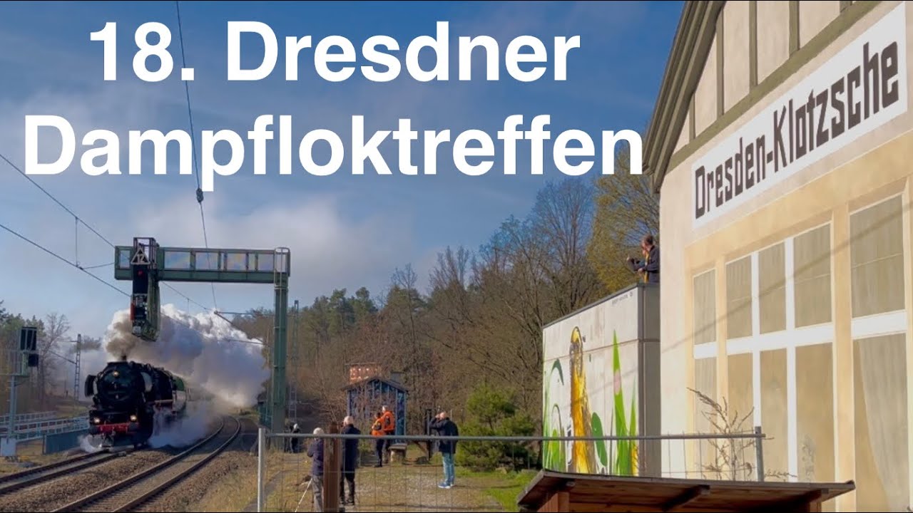 DRESDEN-KLOTZSCHE - Knappe Zugbegegnung des BR52-Dampfzuges nach K&ouml;nigsbr&uuml;ck mit Flughafen S-Bahn