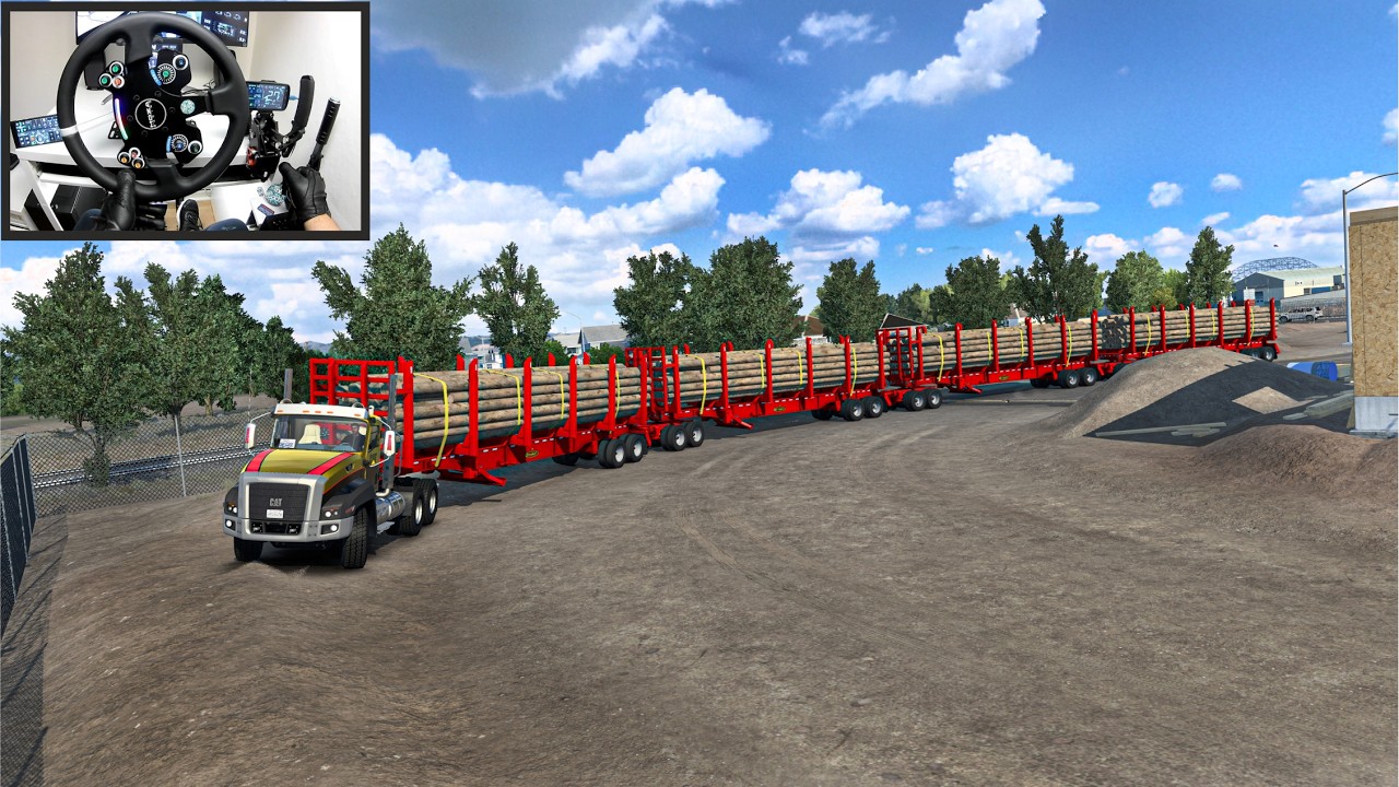 4-Trailer Road Train Overloaded with Utility Poles | American Truck Simulator - Moza R9