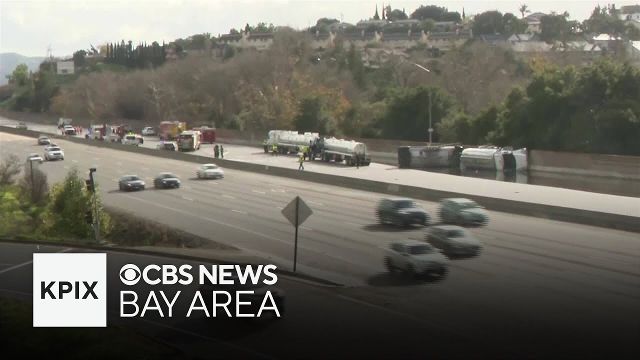 Watch: Scene of overturned fuel tanker in San Jose on Highway 101