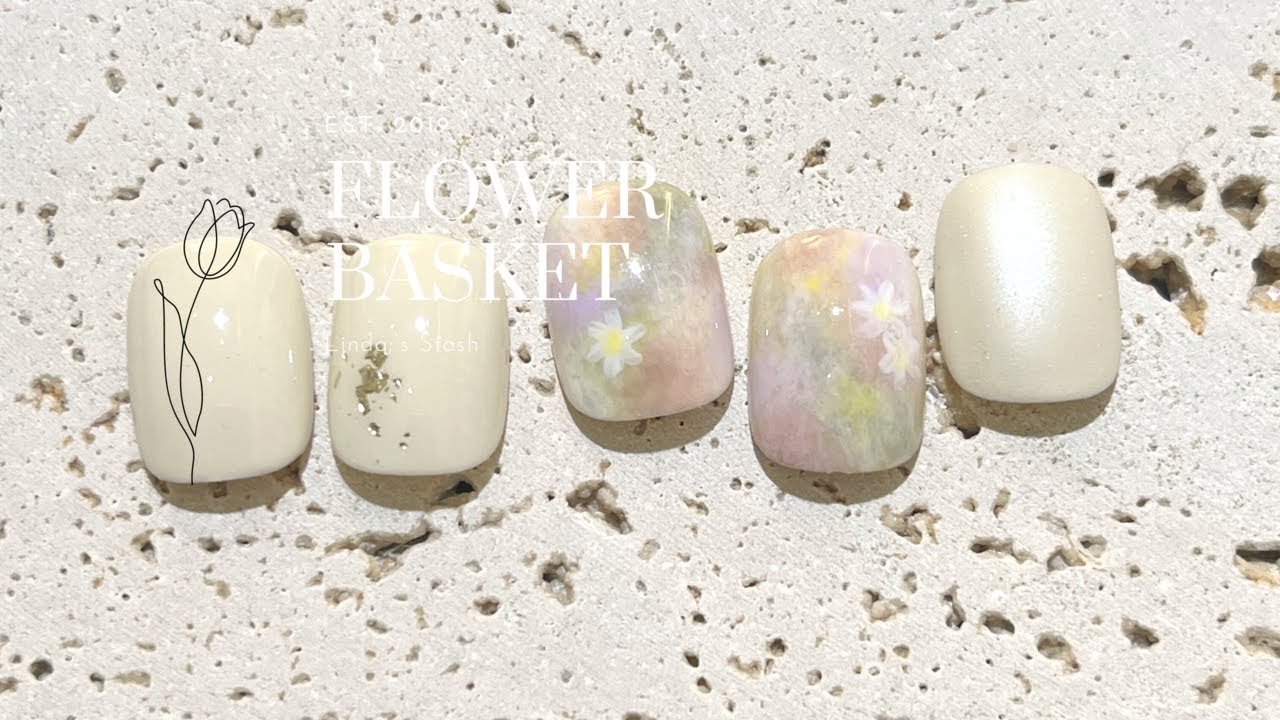 春夏浪漫的韓式花籃油畫暈染美甲｜flower basket nail