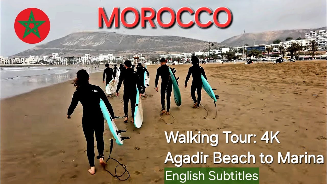 Agadir Beach to Marina Walking Tour | Morocco 4K Coastal Walk 🇲🇦 المغرب with English Subtitles.