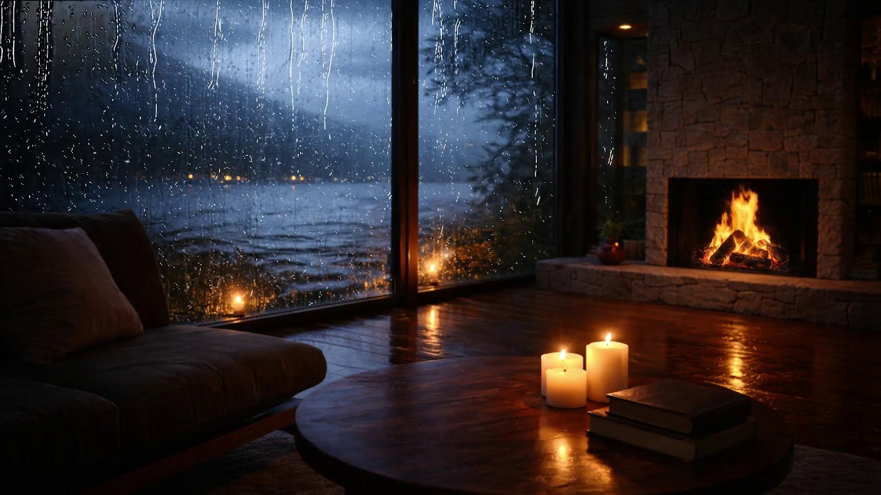 Heavy Rain & Soft Jazz Piano 🎷 Sleepy Night Cabin