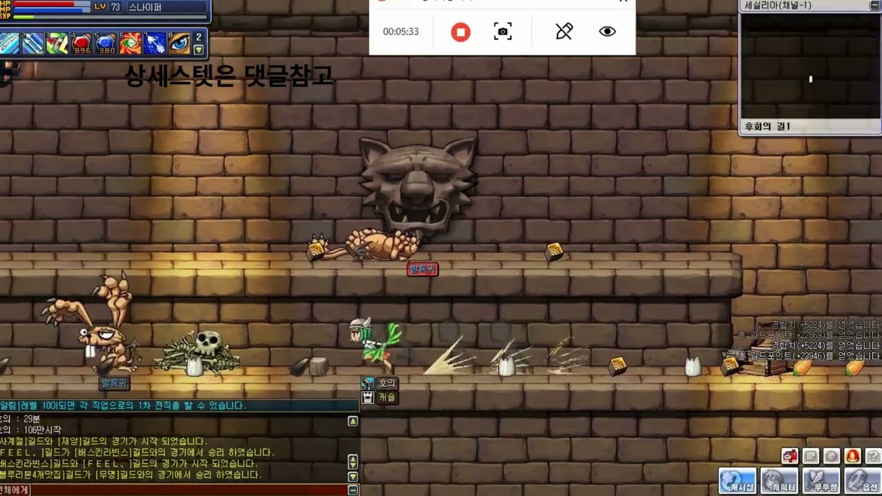 윈드슬레이어,windslayer 73렙 스나이퍼 지하동굴 후회의길 1 발톡귀 ,10분사냥 exp 100만