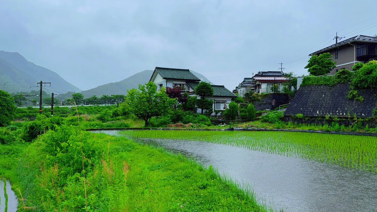 Japan Rainy Day in Nagano Countryside Beautiful Village Walking in the rain  - Heavy Rain 4K