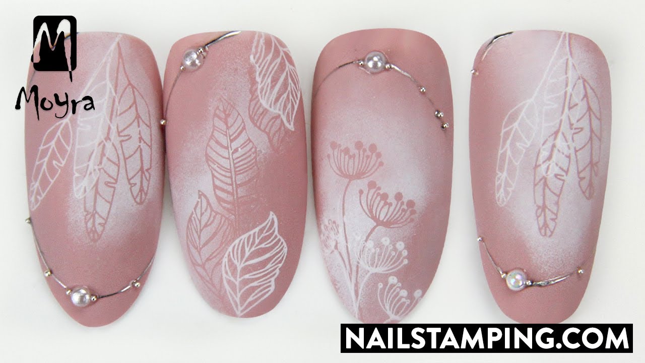 White stamping design with beads (nailstamping.com)