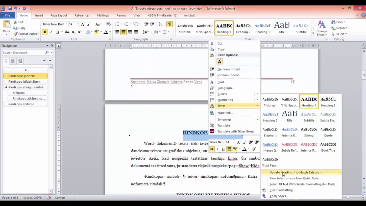 7. Automātiskais satura rādītājs un stili MS Word