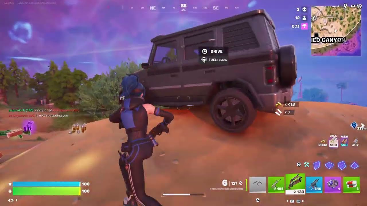 Fortnite Battle Royale at Classified Canyon with 4 elims and spectating build/gun fights