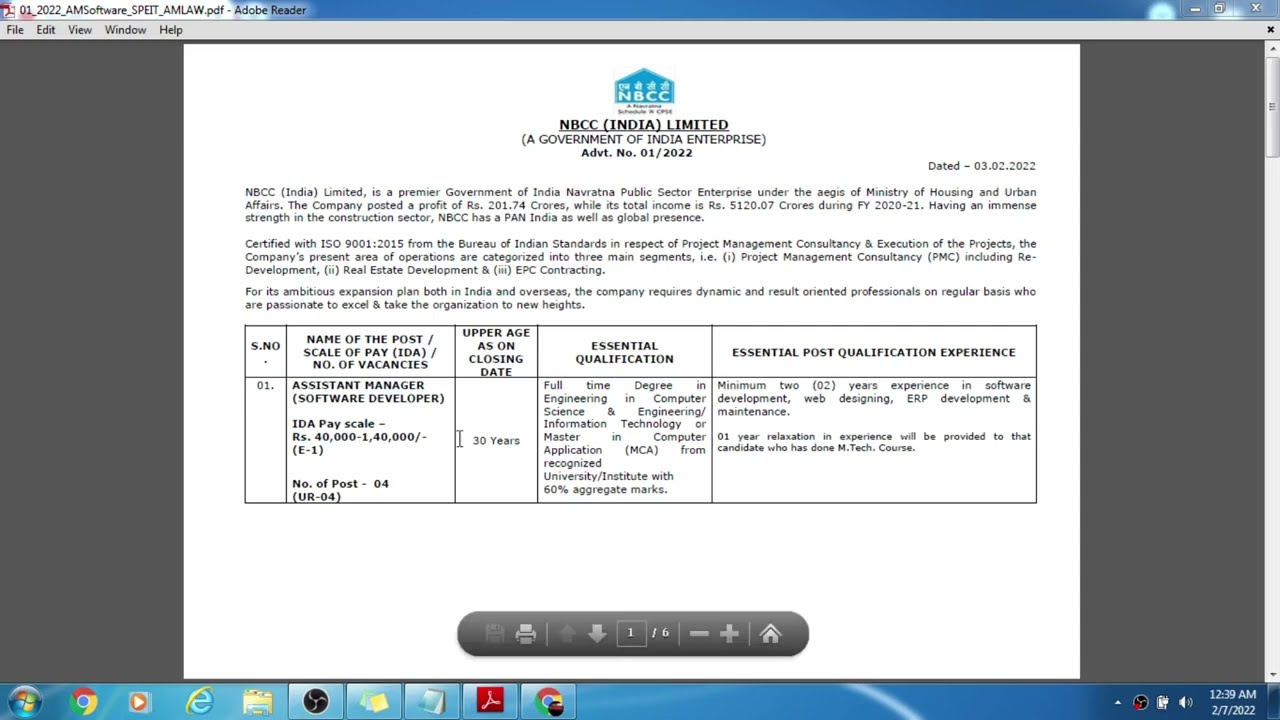 NBCC India Limited Recruitment for Assistant manager & Sr. Project executive 2022- apply online