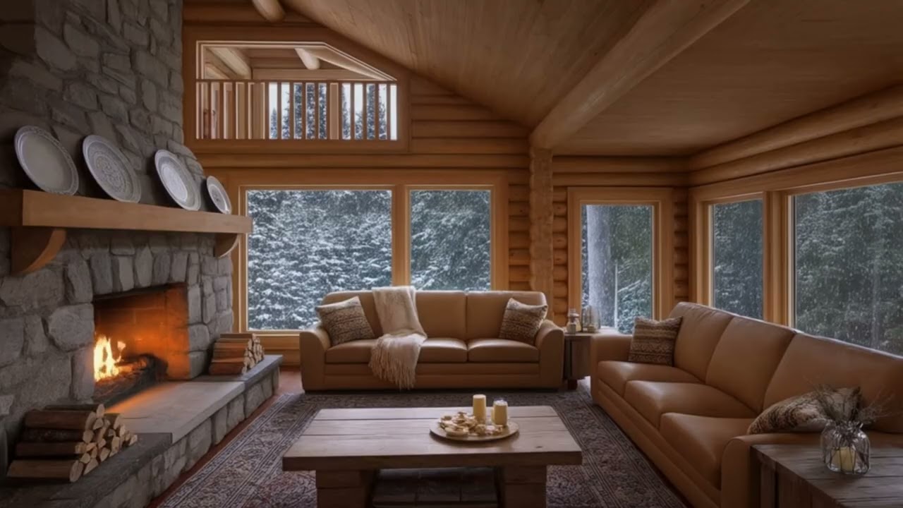 Ultra Realistic Cozy Winter Log Cabin Living Room ❄️ Fireplace & Snowy Forest
