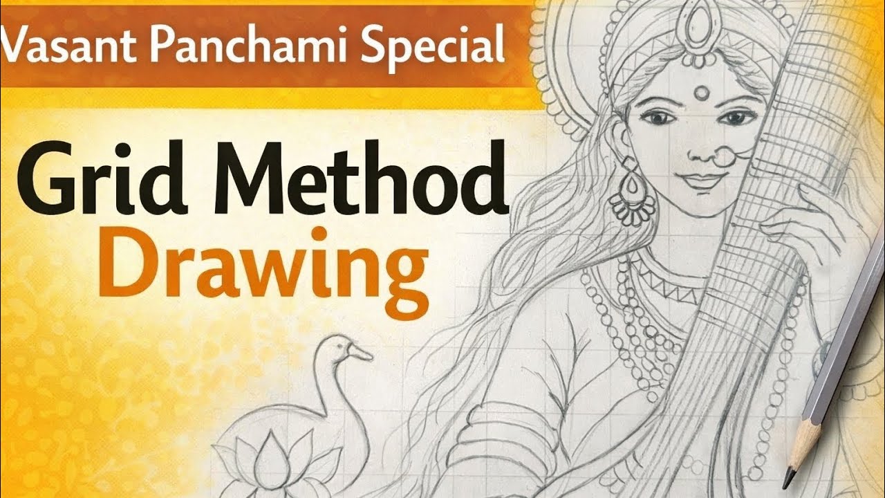 Saraswati Maa Pencil Drawing | Easy Grid Method | StepbyStep|basant panchmi#swarswatimaa
