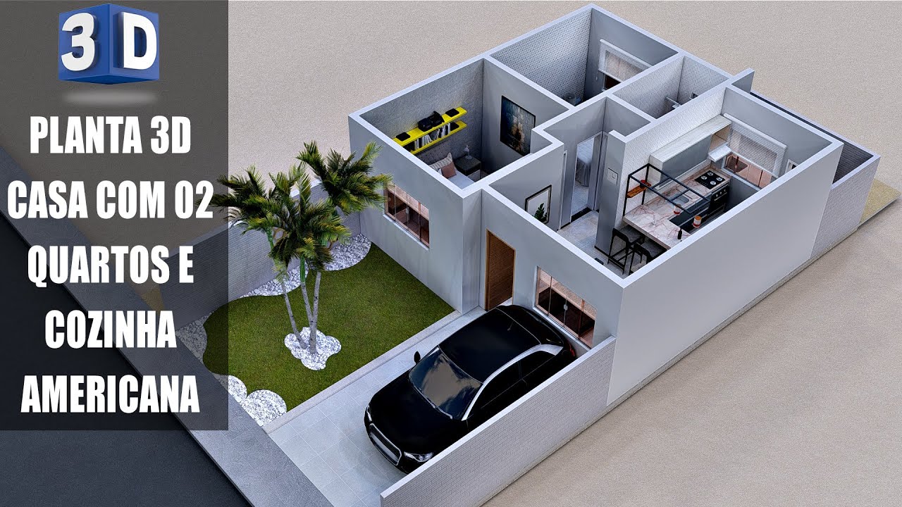 Planta 3D | Casa 6,5x6M com Dois quartos e Cozinha Americana | Arquise