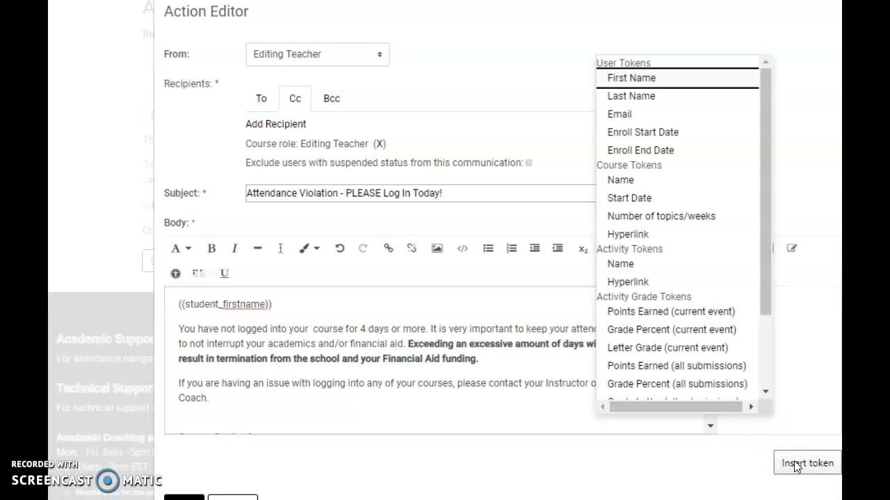Auto email from Moodle for 4 day attendance violation