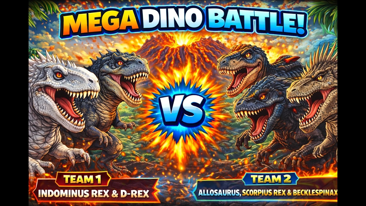 MEGA DINO BATTLE! Indominus Rex & D-Rex vs Allosaurus, Scorpius Rex & Becklespinax🦖🔥