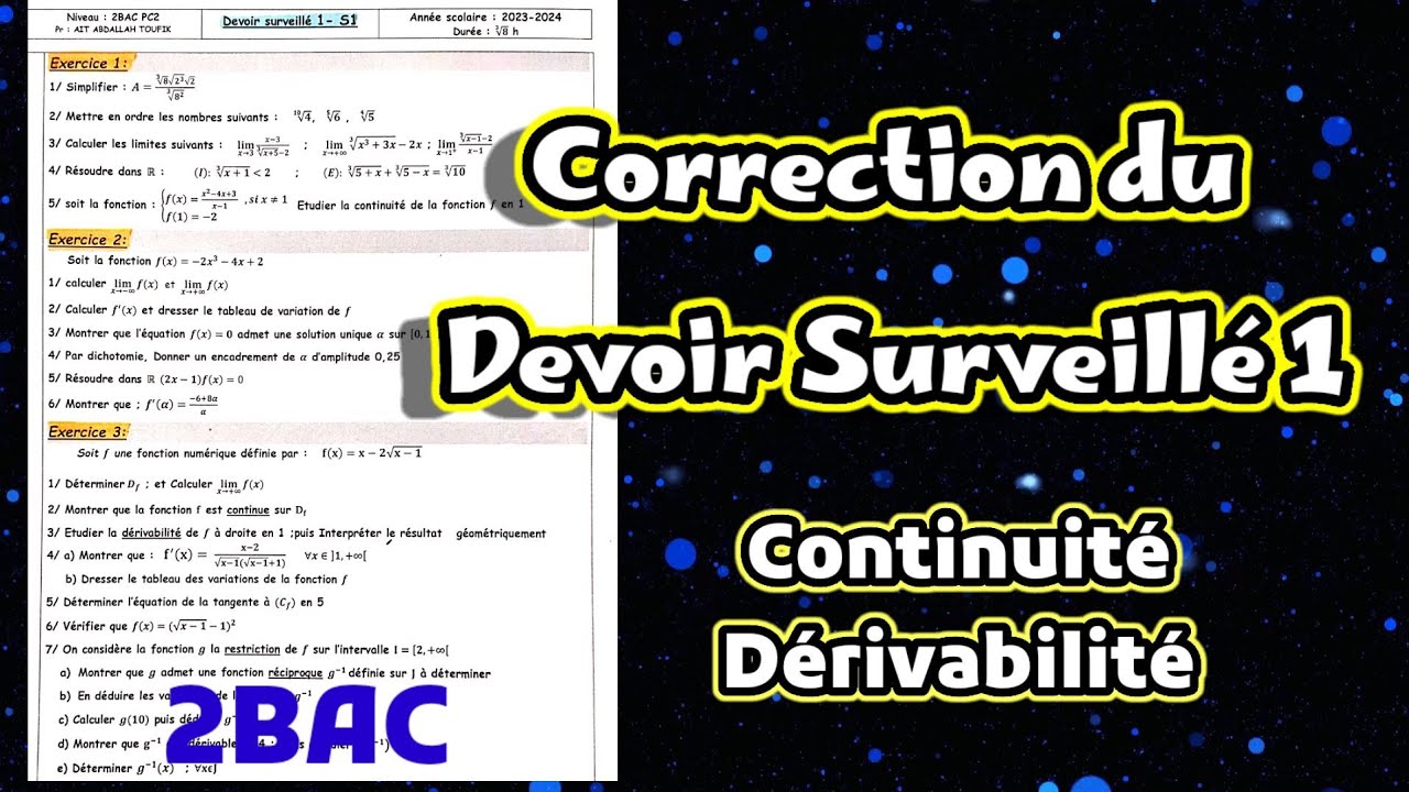 Correction du devoir surveillé 1 semestre 1 | 2bac | continuité dérivabilité