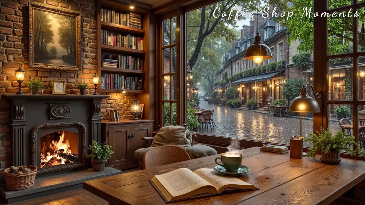 Уютный камин в кафе Rainy ☕ Спокойная джазовая фортепианная музыка и звуки камина