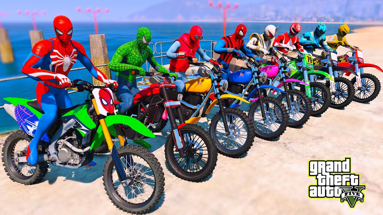TEAM SPIDERMAN vs POWER RANGERS SUPER MOTORBIKES RACING CHALLENGE on BEACH MEGA RAMP - GTA 5