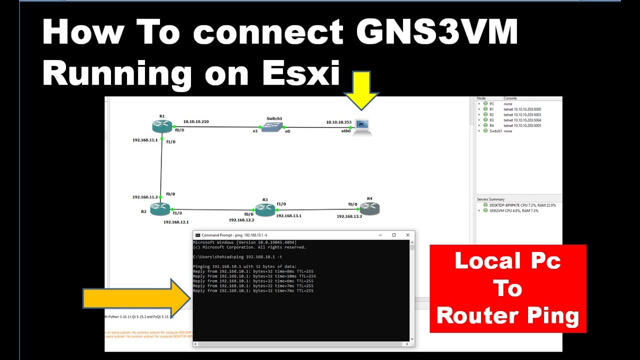 How to connect local pc to GNS3 VM  router or switch running on ESXI server