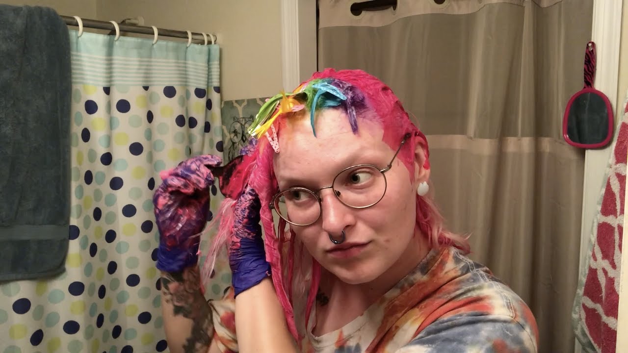 dyeing my hair pink with rainbow micro bangs