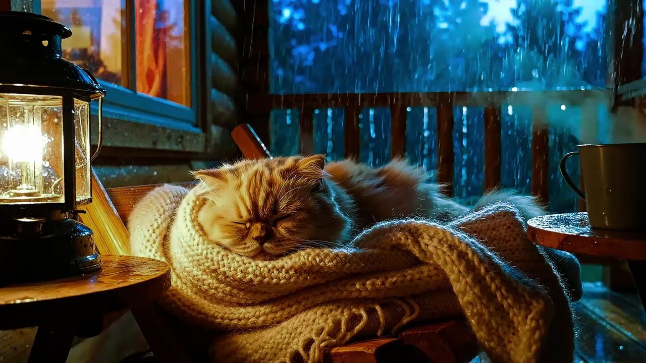 Calm Rain Night 🌧️ Sleeping Cat Ambience | Piano Music for Sleep