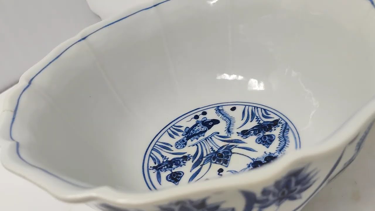 Ming Dynasty Xuande Period Blue & White Porcelain Bowl With Lotus Pond, Fish, Aquatic Plant Motifs