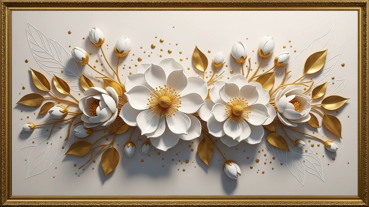 Minimal Sculpted White Floral Relief 4K | Elegant Gold Detail Wall Art