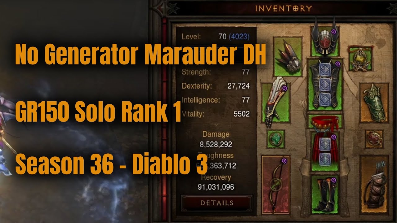 Season 36 Rank 1 No Generator Marauder Demon Hunter GR150 Solo - Diablo 3