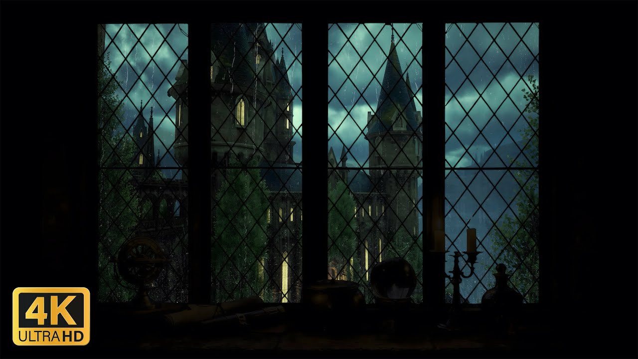 4K Window Hogwarts Rainstorms⚡ Night Castle Fantasy - Window Ambience