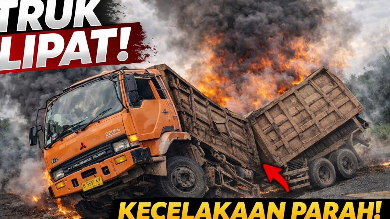 Truck Fuso mundur hingga terlipat akibat gagal menarik 