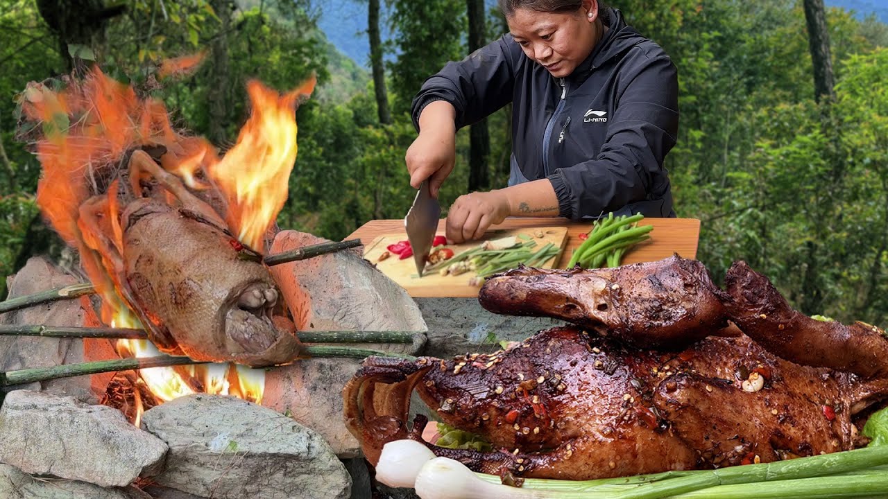 Wild Jungle Mukbang: Cooking & Grilling Duck in the Rain | Survival Food Adventure! Nepali Mukbang