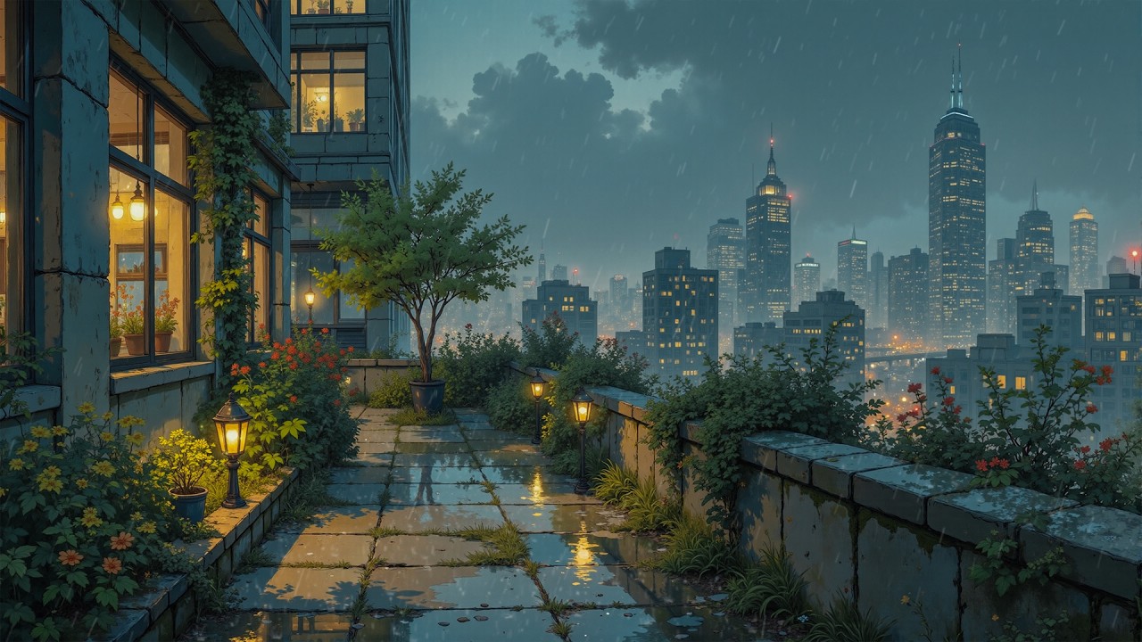 Urban Rain Night 🌙 Warm Window Lights & Skyline View | Lofi Ambience for Study