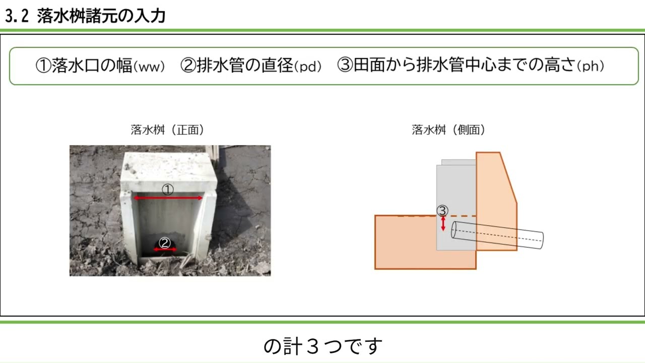 水田流出簡易計算プログラム説明動画　3.2落水桝諸元の入力