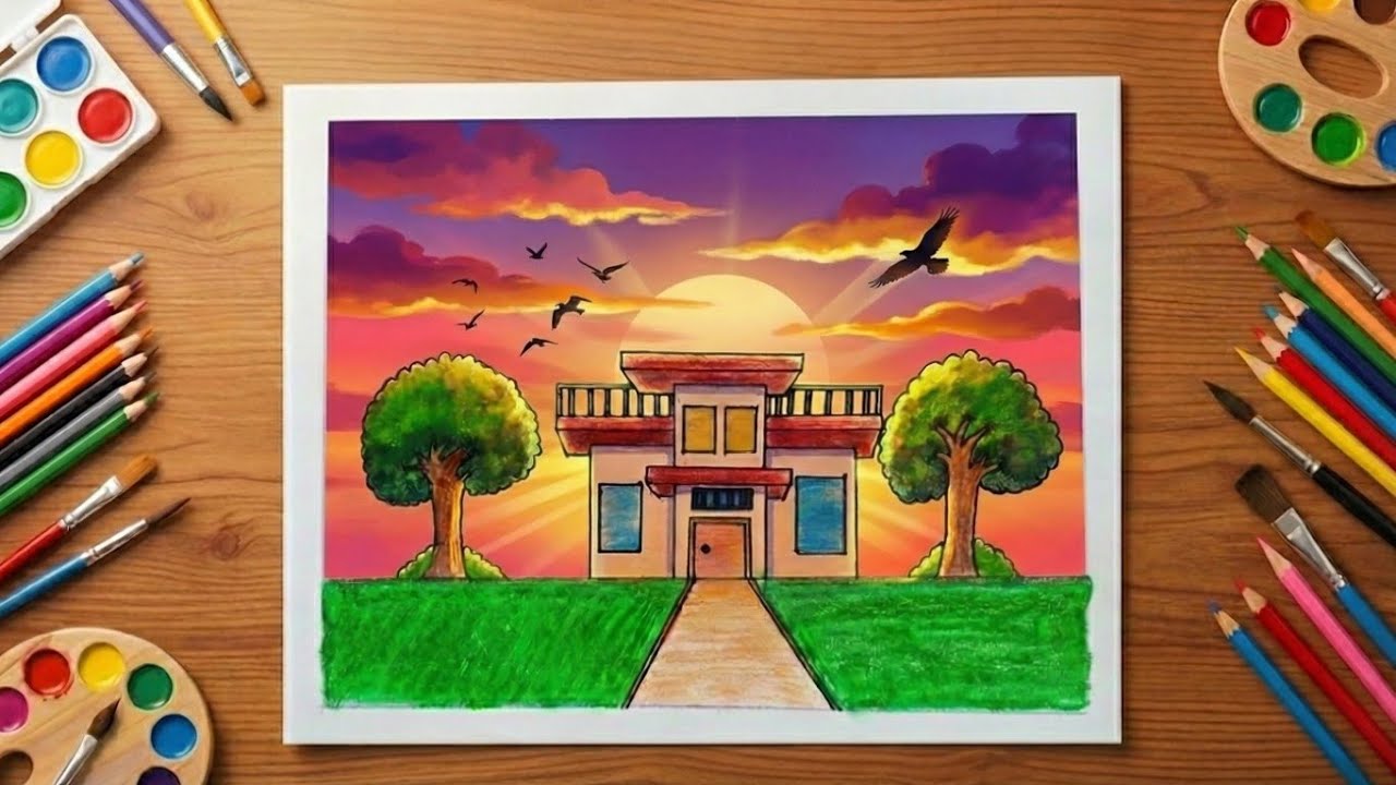 Realistic House Drawing Easy|Beautiful House Drawing Colour.. ✨#viral #drawing #viralvideo #youtube 